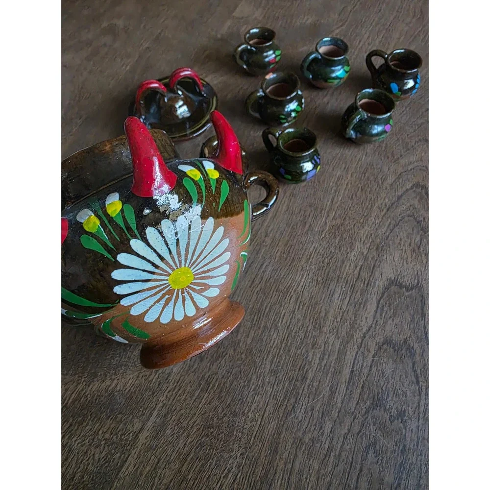 Mexican Folk Art Pottery Tequila Set Hand Painted Floral Glazed Brown 8pc decor